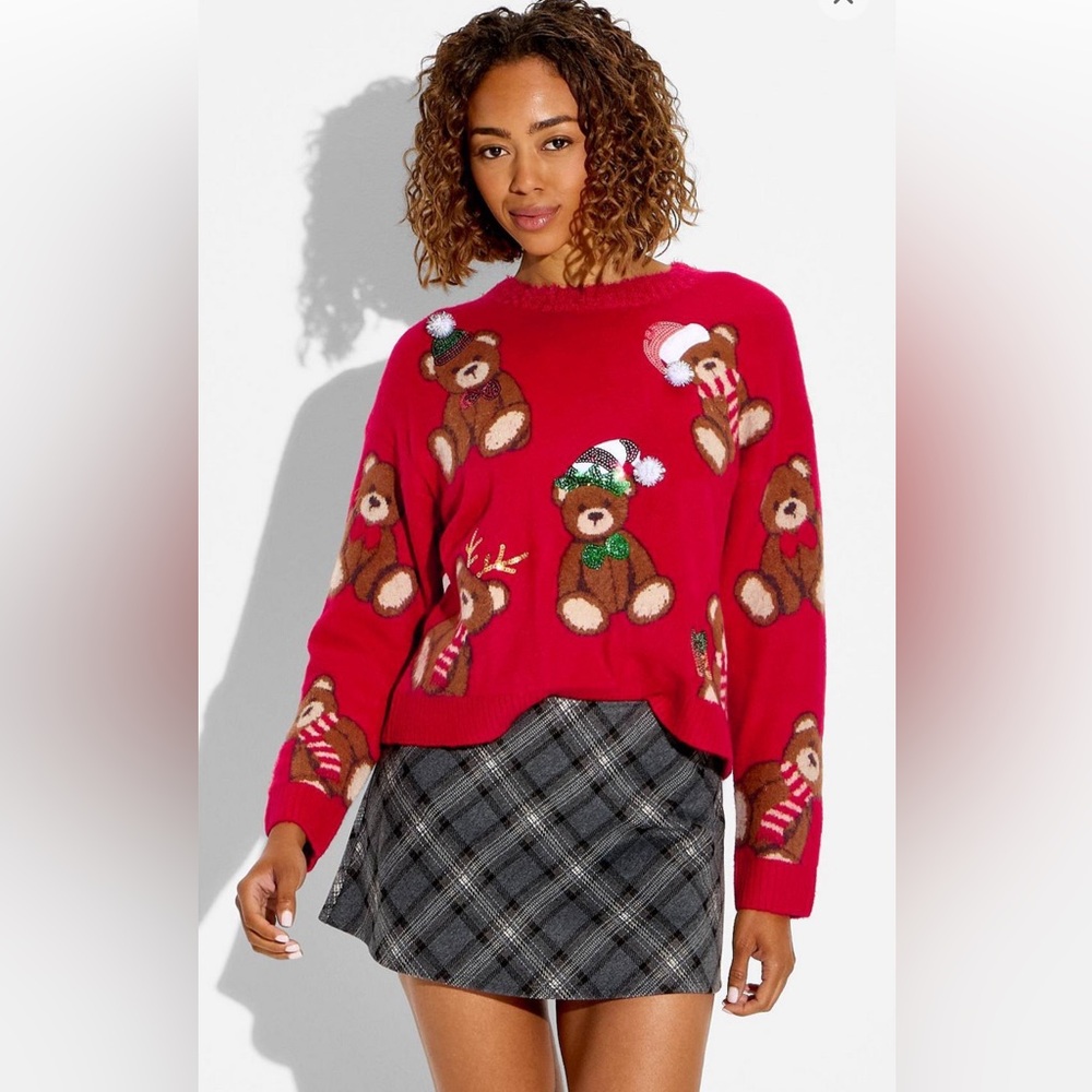 Women's Teddy Bear Print Festive Graphic Sweater - Red